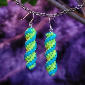 Yellow Blue Double Spirals - Handmade Lanyard / Scoobidou Earrings